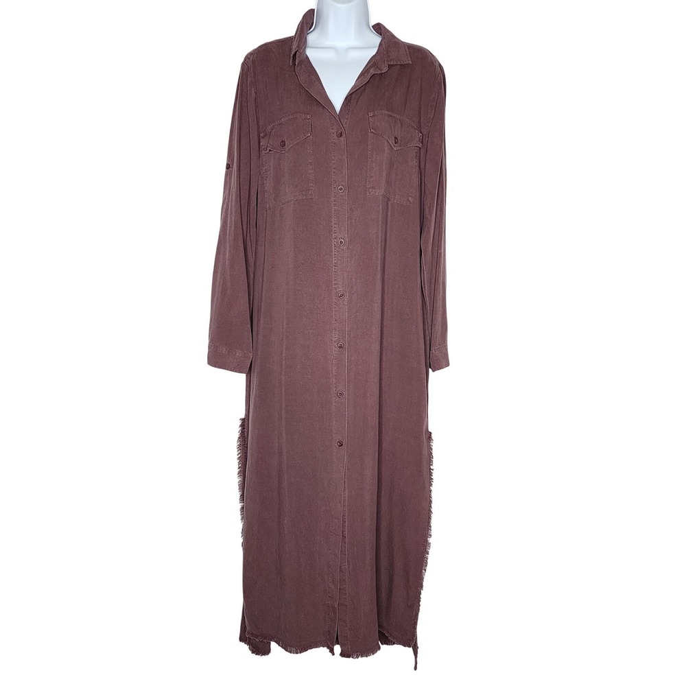 Cloth & Stone Tencel Long Roll-Tab Sleeve Button Down Collar Maxi Dress Sz L